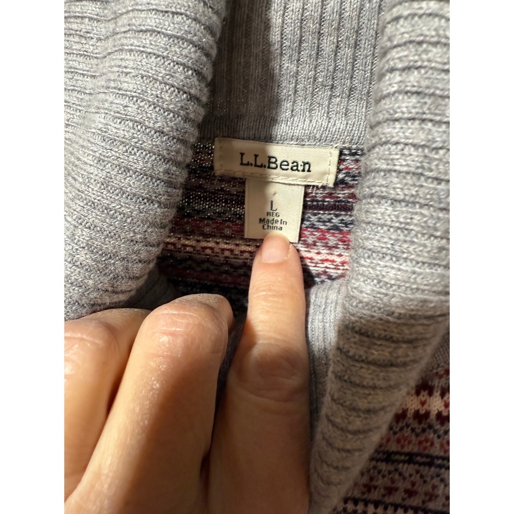 L.L.Bean Fair Isle Turtleneck Sweater Women Size L Gray Pink Blue Pattern Cotton - Picture 5 of 14